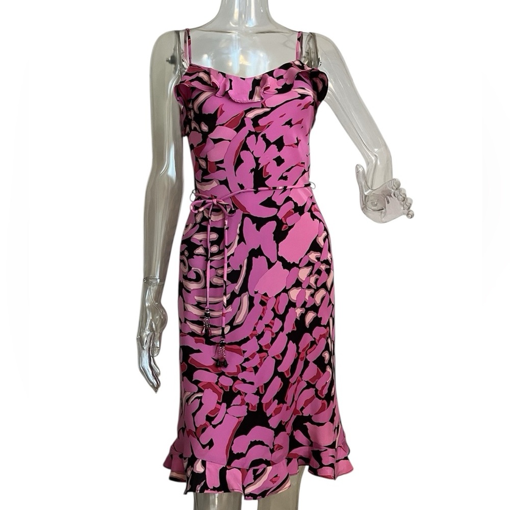 BETSEY JOHNSON Black Pink Geometric Print Y2K Silk Belted Waist Dress Size Small